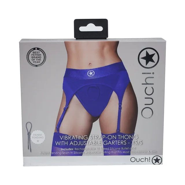 royal blue Ouch vibrating garter thong XS/S pictured on gray box