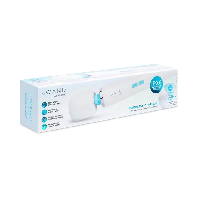 White Le Wand Classique Rechargeable wand in blue and white retail box