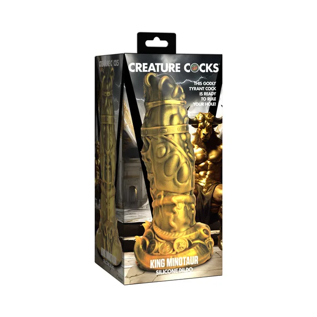 Creature Cocks King Minotaur gold sculpted dildo upright in black-and-gold temple retail box