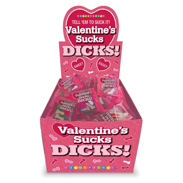 pink Valentine's Sucks Dicks display holding 100 individual mini-packs