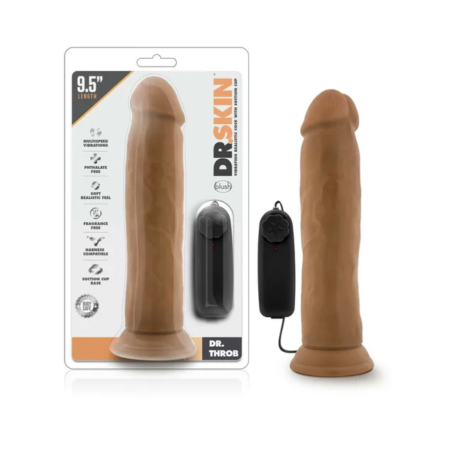 Blush Dr. Throb tan vibrator beside clear Dr. Skin retail package