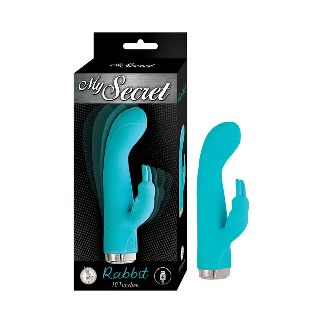 aqua Nasstoys My Secret Rabbit vibrator with curved shaft beside black retail box