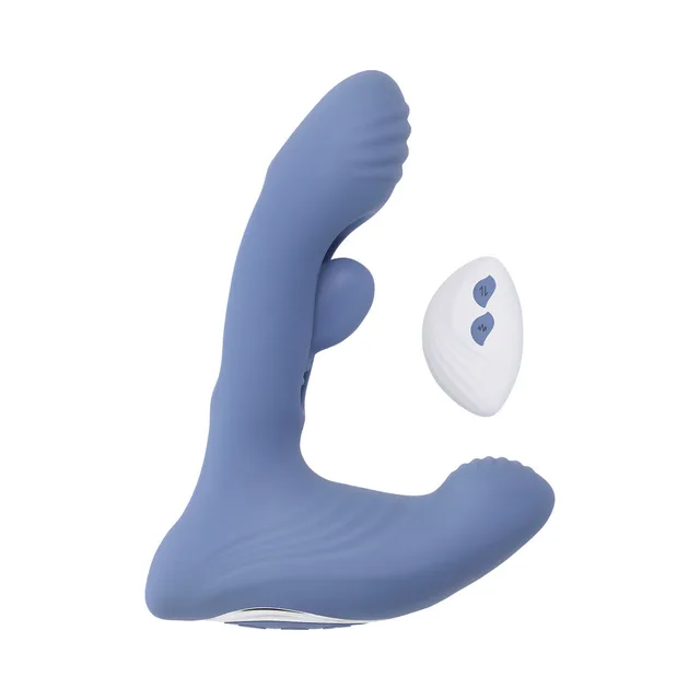 Gender X Flapjack blue flapper dual stimulator front-left view with the open center and two ribbed arms