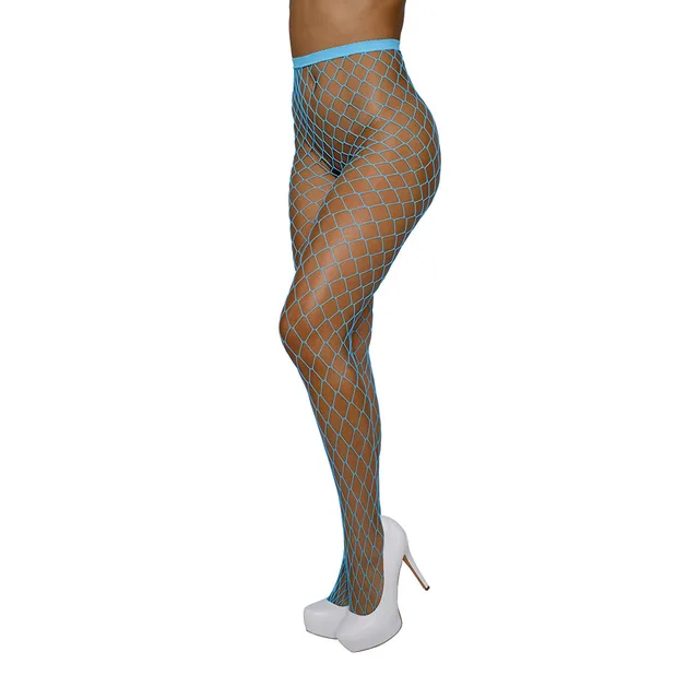 Dreamgirl neon-blue high-waist fence-net pantyhose front-side leg view