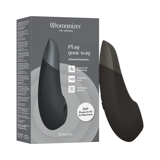 Black Womanizer Enhance curved stimulator beside gray retail box