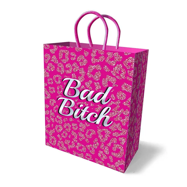 hot pink Bad Bitch paper gift bag with glitter leopard spots and loop handles