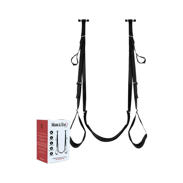 Adam & Eve black adjustable couples door swing full strap system beside retail box