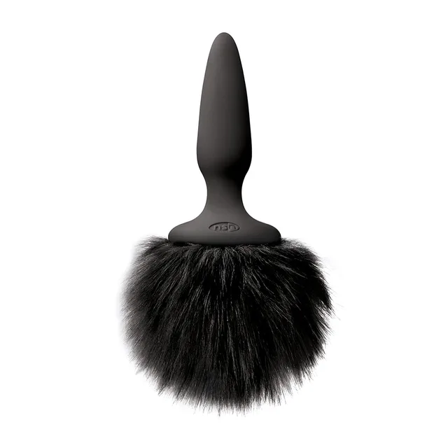 Black silicone mini plug with full black faux-fur tail