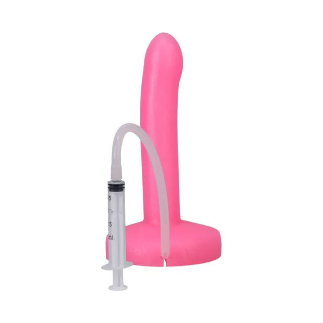 Front view of Watermelon pink POP Slim dildo with clear tube and syringe
