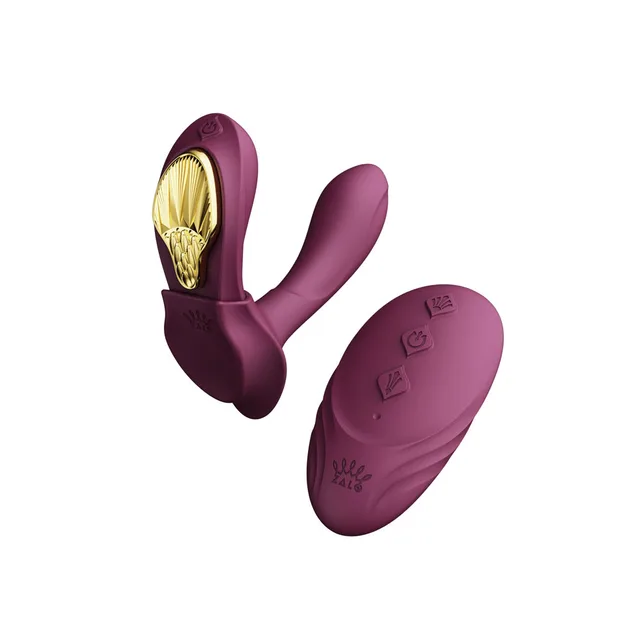 Zalo Legend Aya Velvet Purple dual-arm vibrator with remote assembled front view with oval remote