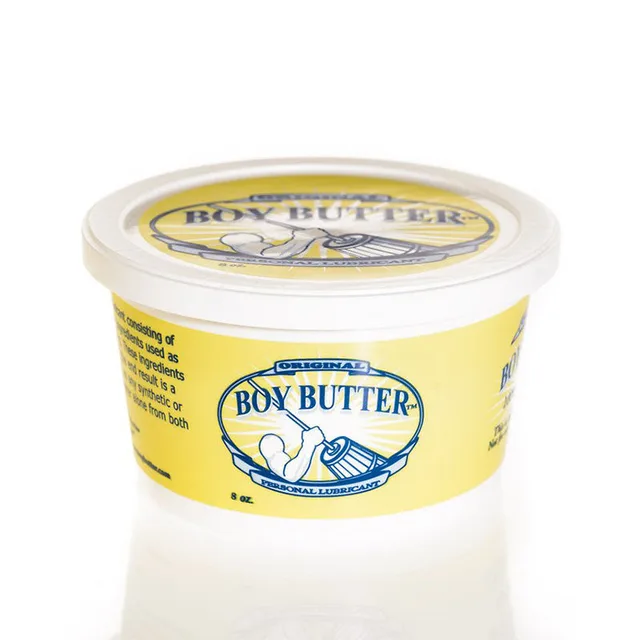 Boy Butter Original 8 oz low white tub with broad lid and yellow label