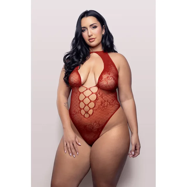 Front view of red Queen plunge teddy with geometric cutouts