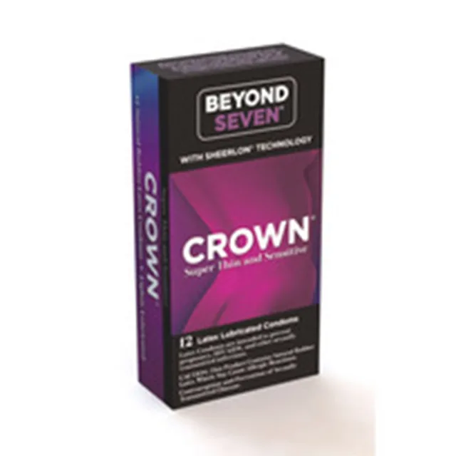 Beyond Seven Crown lubricated condoms 12-pack upright black-and-purple carton with silver lettering and super-thin label