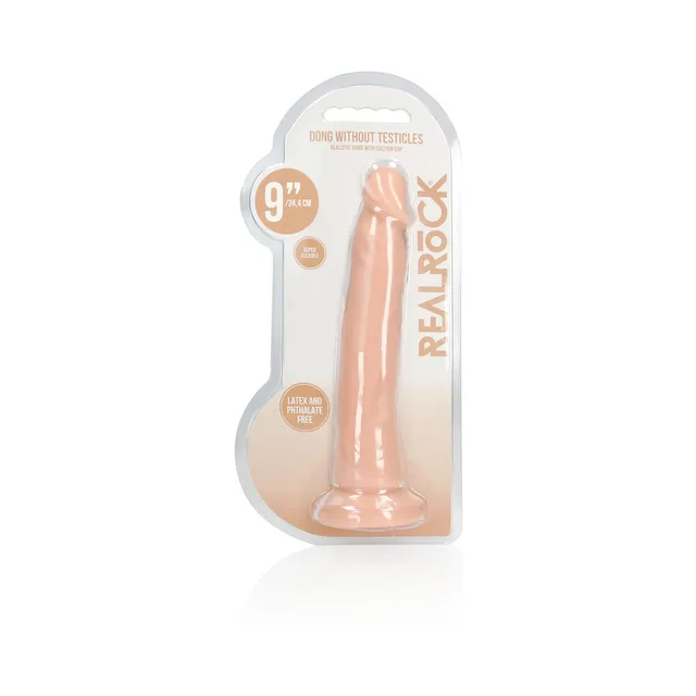 Beige RealRock nine-inch suction dildo in clear retail pack