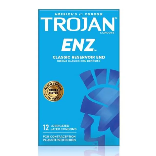 Trojan ENZ clear lubricated latex condoms blue 12-pack box