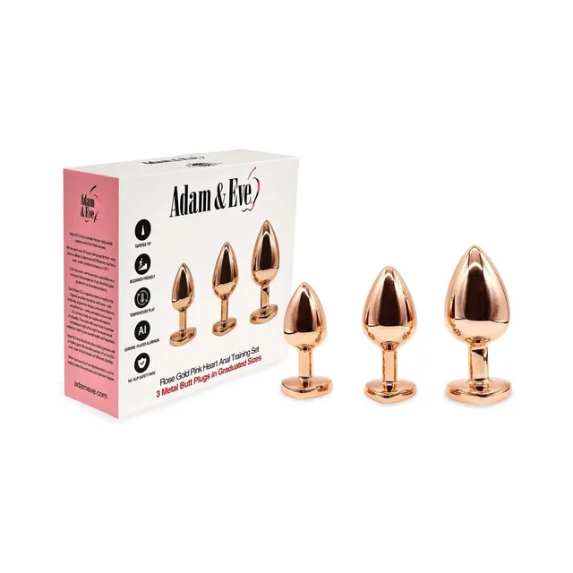Adam and Eve box with three rose-gold plugs in graduated sizes