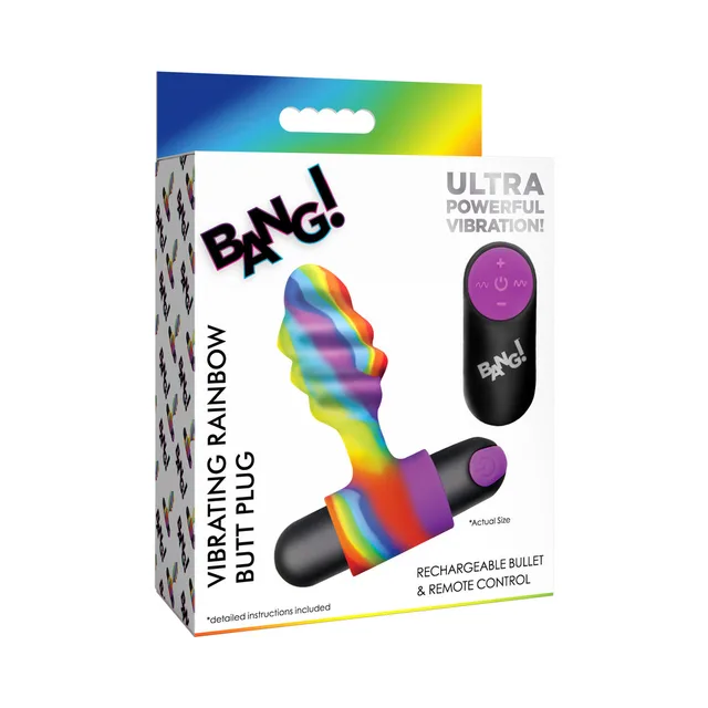 Rainbow spiral BANG! vibrating butt plug with remote shown on box