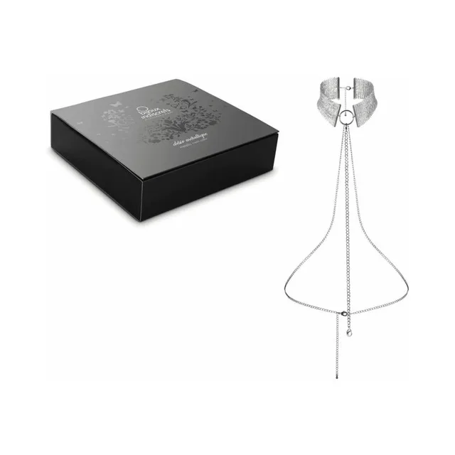 silver Desir Metallique mesh collar with long draped chains beside black presentation box