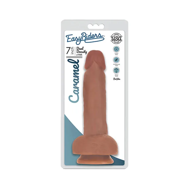 Curve Novelties Easy Riders 7-inch tan dildo white-and-teal blister package with caramel label and full product visible