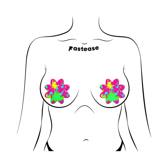 Pastease neon graffiti paint splatter petal breast pasties front placement illustration on a torso outline