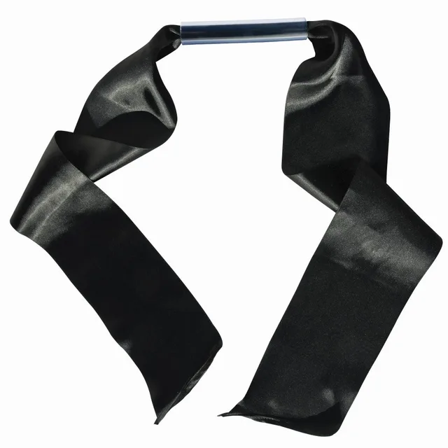 Sportsheets Sex and Mischief Silky Bit Gag unpacked silver bit with wide black satin ribbons