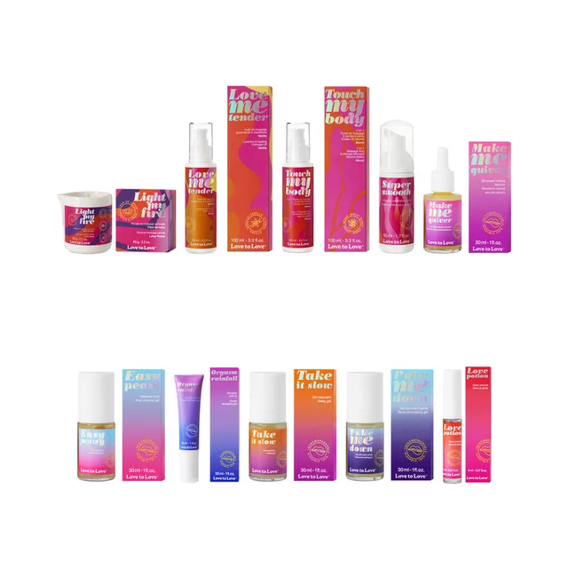 assorted Love to Love cosmetics in pink purple and blue retail packaging