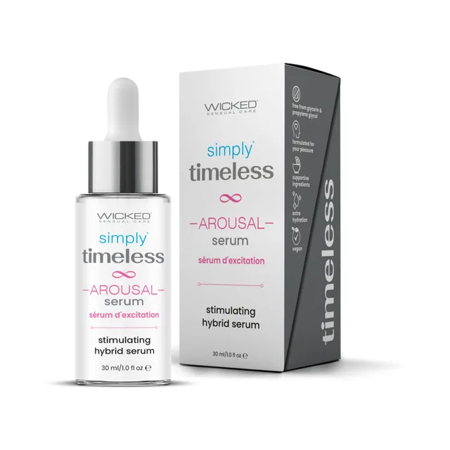 Wicked Simply Timeless 0.1 oz serum clear dropper bottle beside retail carton