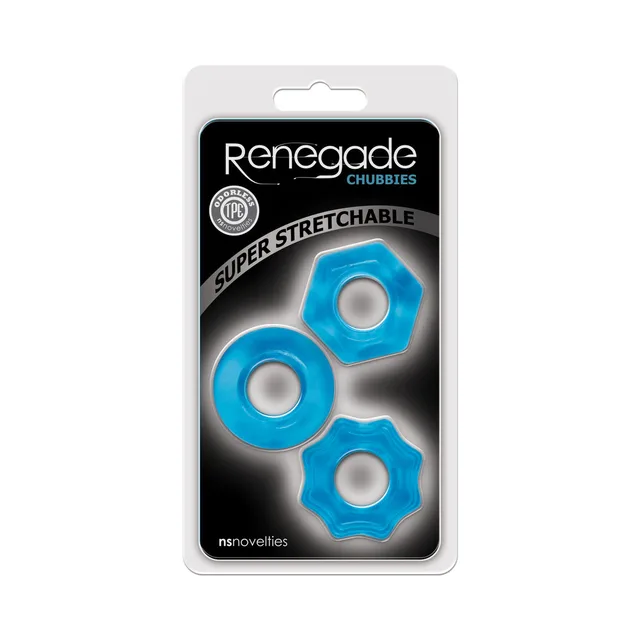 NS Novelties Renegade Chubbies blue ring set inside black clear-front retail pack