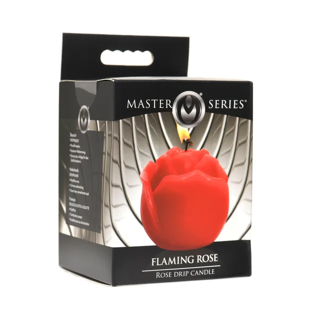 red Flaming Rose sculpted wax drip candle displayed in black box