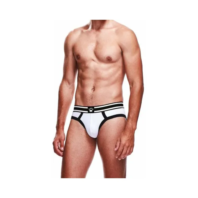 Front view of Prowler white brief with black double straps size L