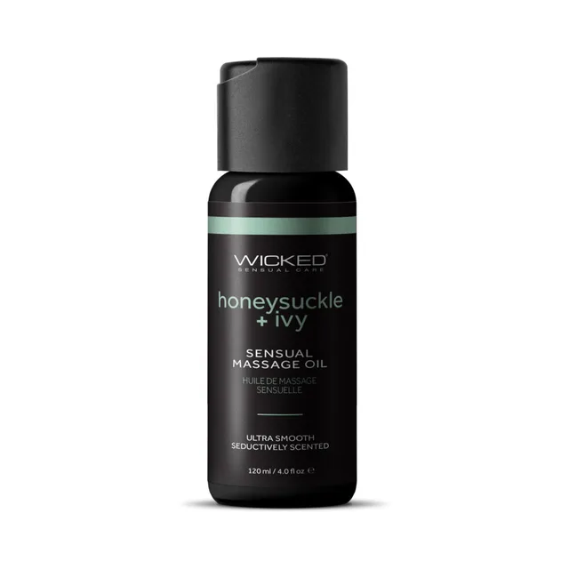 Wicked Honeysuckle and Ivy Massage Oil 4 oz black bottle front view with green label band