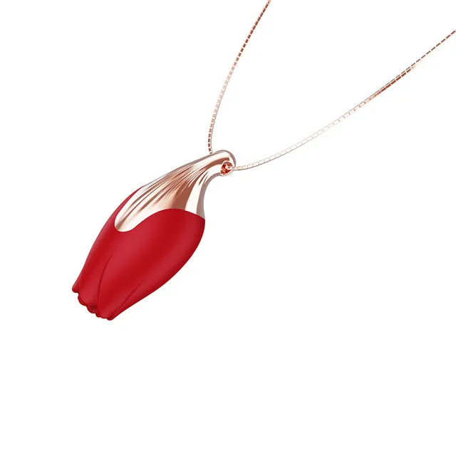 Patina rosebud pendant hanging from fine rose-gold chain