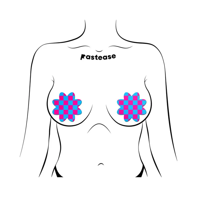 Pastease neon pink & blue checkered petal breast pasties front placement illustration on a torso outline