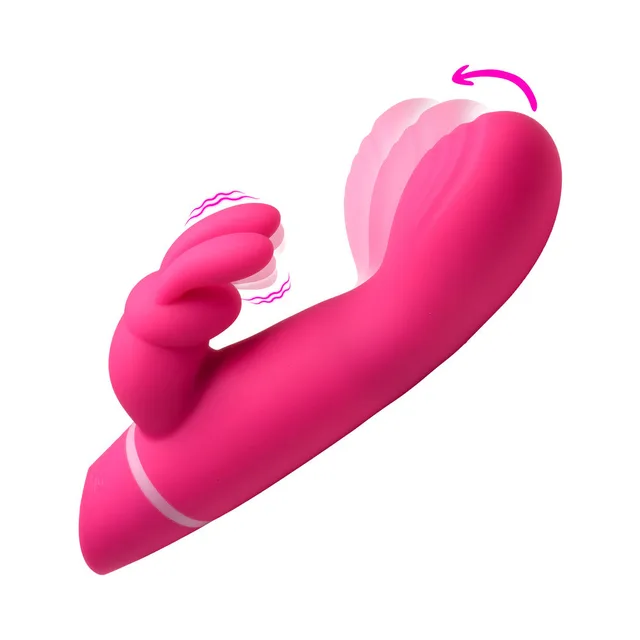BANG pink silicone rabbit vibrator diagonal front view with motion arrows