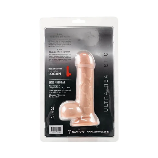 Camtoyz Logan beige 7-inch dildo rear of clear blister packaging