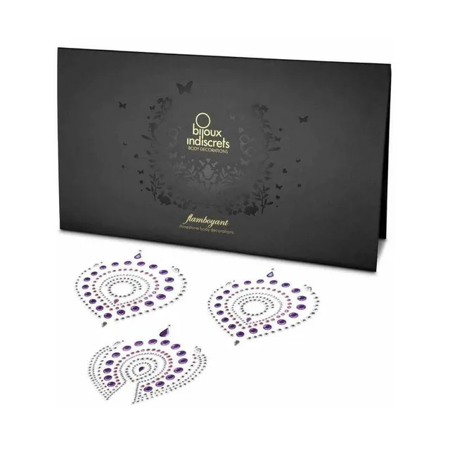 three purple pink and clear Flamboyant rhinestone decorations with peacock-eye shapes
