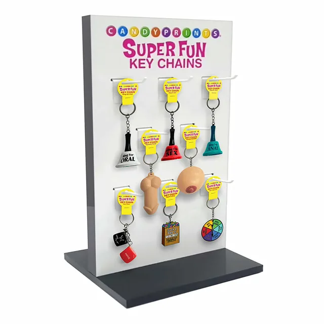 white Little Genie Super Fun display panel with eight novelty keychains