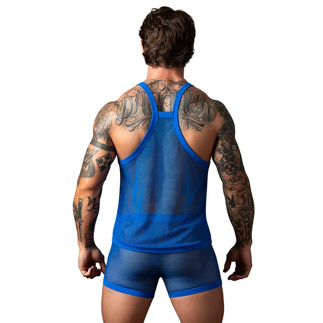 Rear view of Royal Blue Male Power Fishnet Racerback S/M