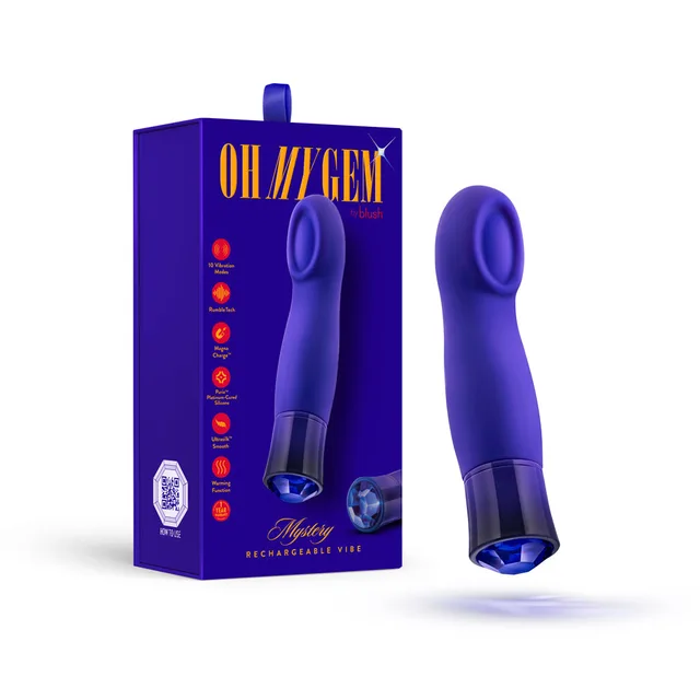 sapphire-blue Oh My Gem Mystery vibrator with blue retail box