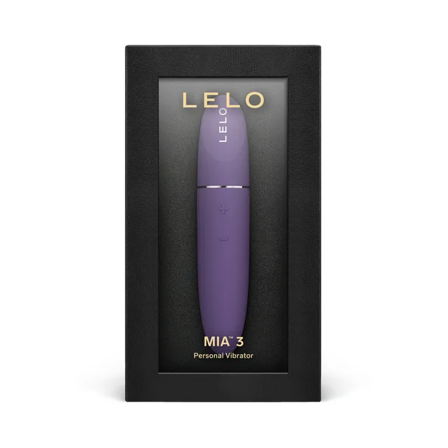 LELO MIA 3 purple personal vibrator upright in black retail box