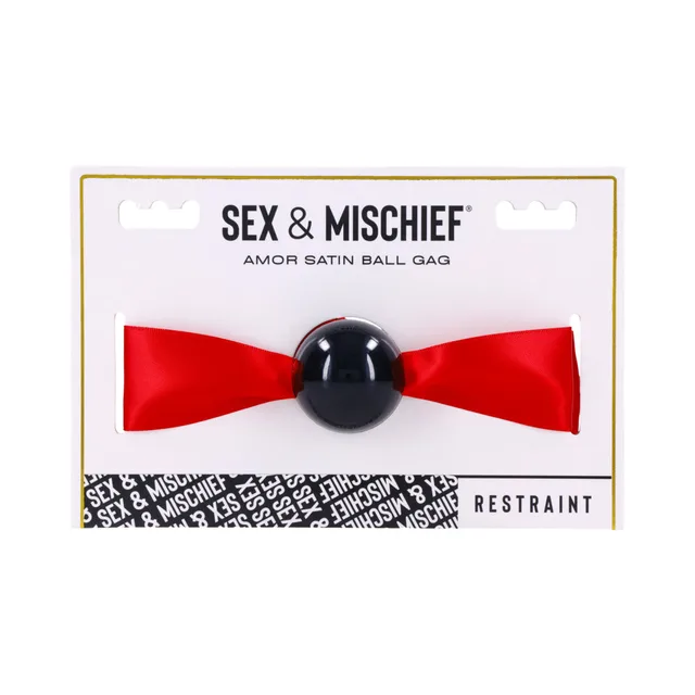 black Sportsheets Amor ball gag threaded on wide red satin ribbon hang card