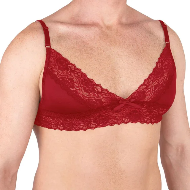 Model wearing 2XL Prowler red floral lace wrap bra
