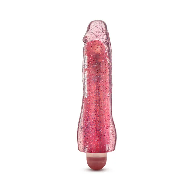 Blush Glow Dicks Molly glitter-pink vibrator upright front view with transparent glitter shaft