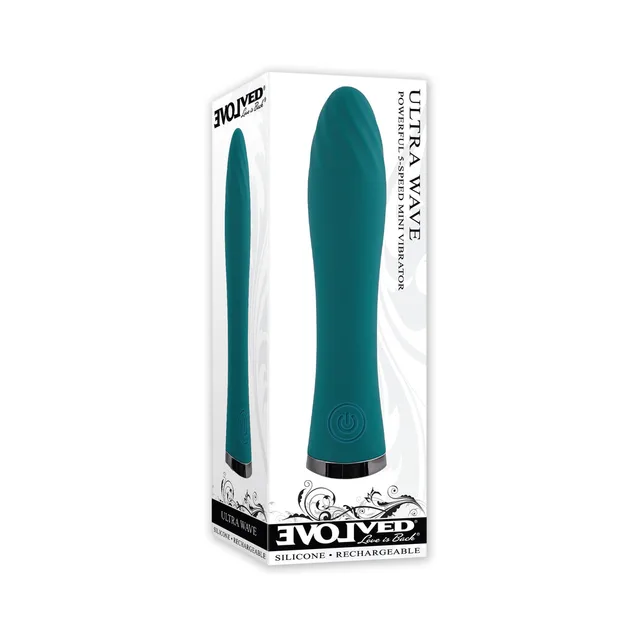 Evolved Ultra Wave retail box with teal tapered vibrator