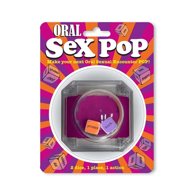 Oral Sex Pop clear two-dice popper with pink dome on multicolor card