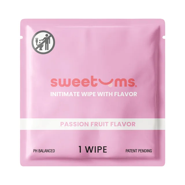 Sweetums Intimate Passion Fruit wipes 10-pack single pink passion fruit packet with 1-wipe label