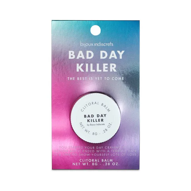 Bad Day Killer clitoral balm jar mounted on a pink blue gradient retail card