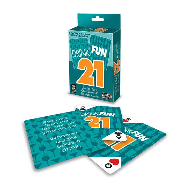 Drink Fun 21 teal box beside illustrated prompt cards