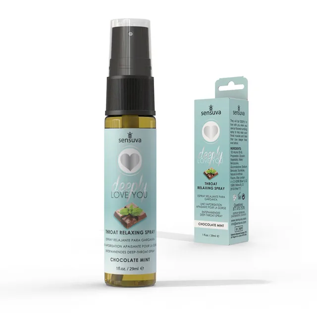 Sensuva Chocolate Mint spray bottle beside pale aqua Deeply Love You box