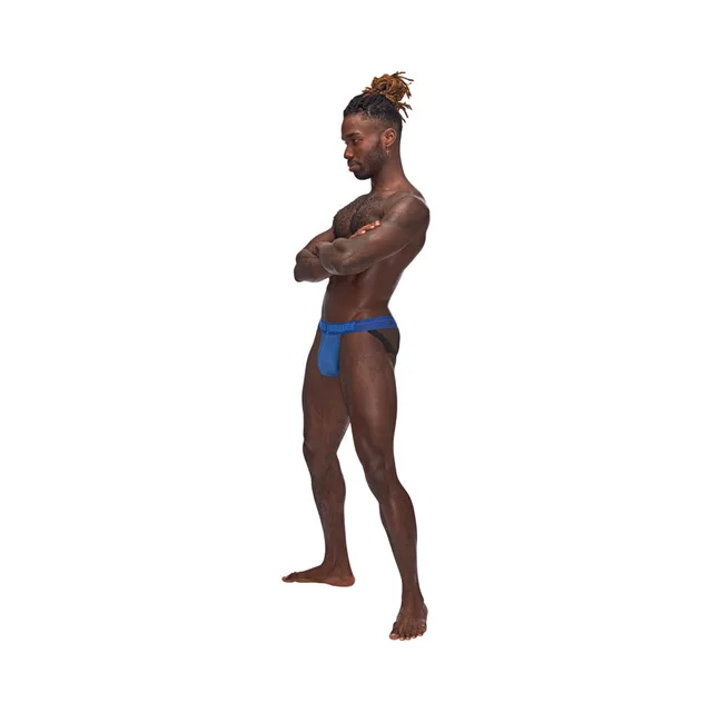 Full front view of model wearing royal blue Sexagon Strappy Ring jock